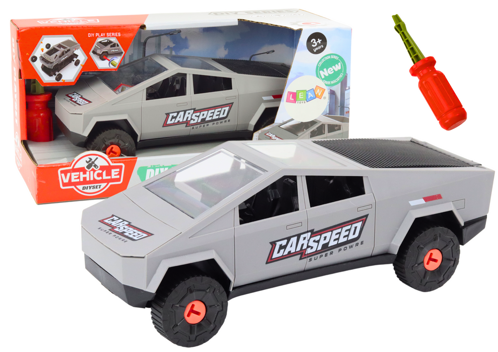 Šiuolaikinio dizaino žaislinis automobilis su atsuktuvu, pilkas