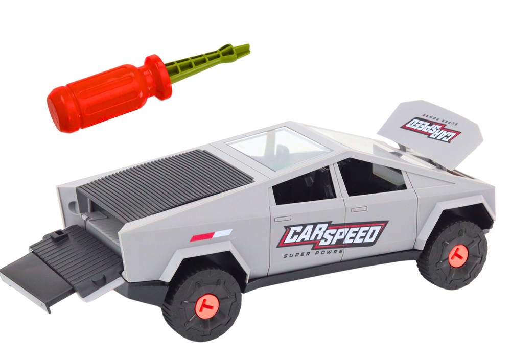 Šiuolaikinio dizaino žaislinis automobilis su atsuktuvu, pilkas