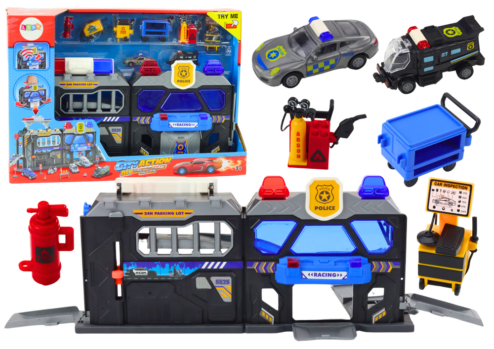 Sulankstomas policijos garažo rinkinys lagaminėlyje