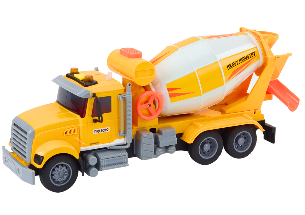 Žaislinė betono maišyklė su šviesos ir garso efektais, geltona