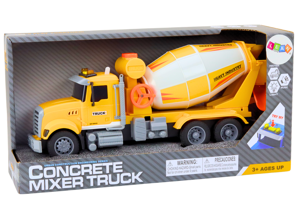 Žaislinė betono maišyklė su šviesos ir garso efektais, geltona