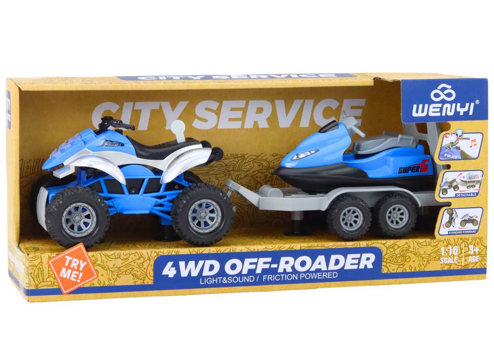 Žaislinis policijos keturratis su priekaba ir motorine valtimi, mėlynas