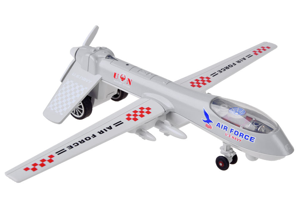 Karinio drono modelis su garso ir šviesos efektais, pilkas