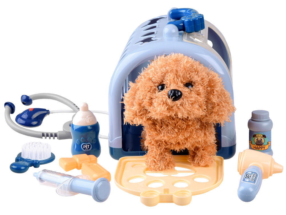 Veterinarijos gydytojo rinkinys su šuniuku ir transporteriu