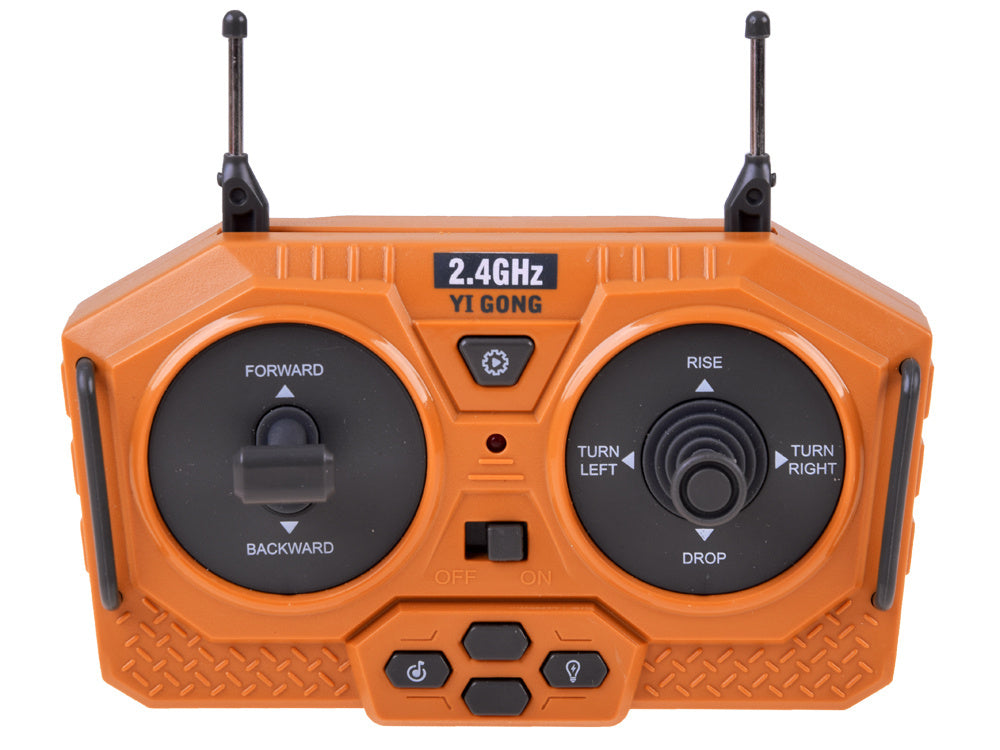 Nuotoliniu būdu valdoma buldozeris su kilnojamu kaušu