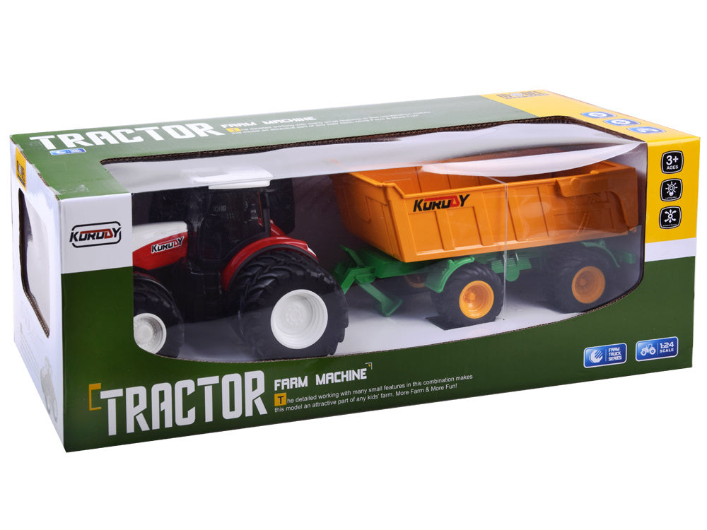 Nuotoliniu būdu valdymas traktorius su guminių ratų priekaba, raudonas