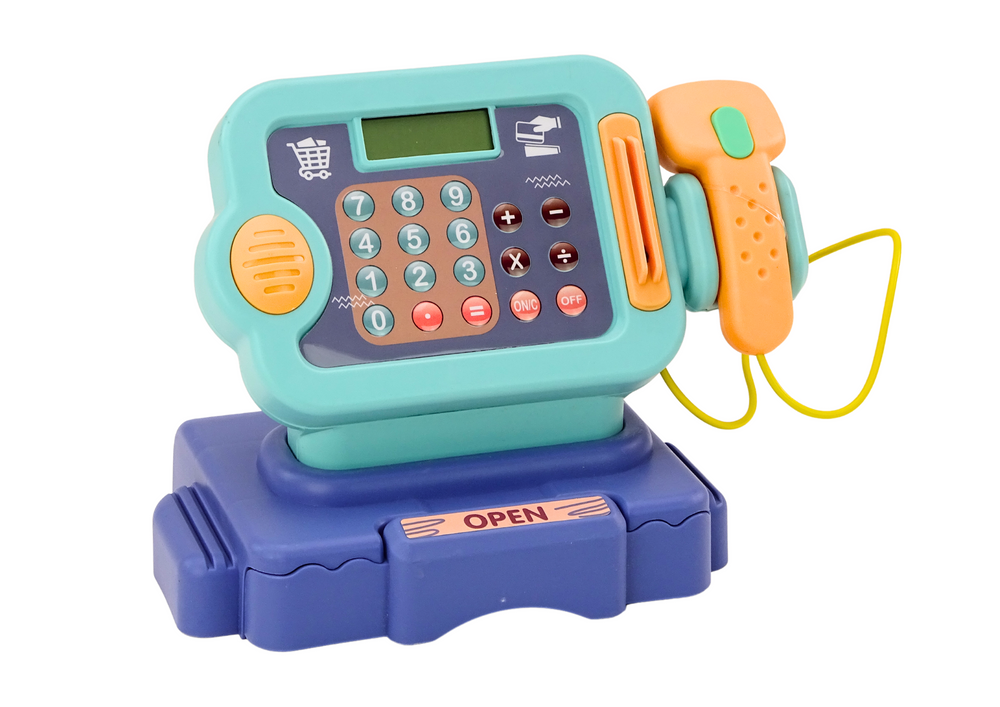 Žaislinis fiskalinis kasos aparatas su garso ir šviesos efektais, mėlynas