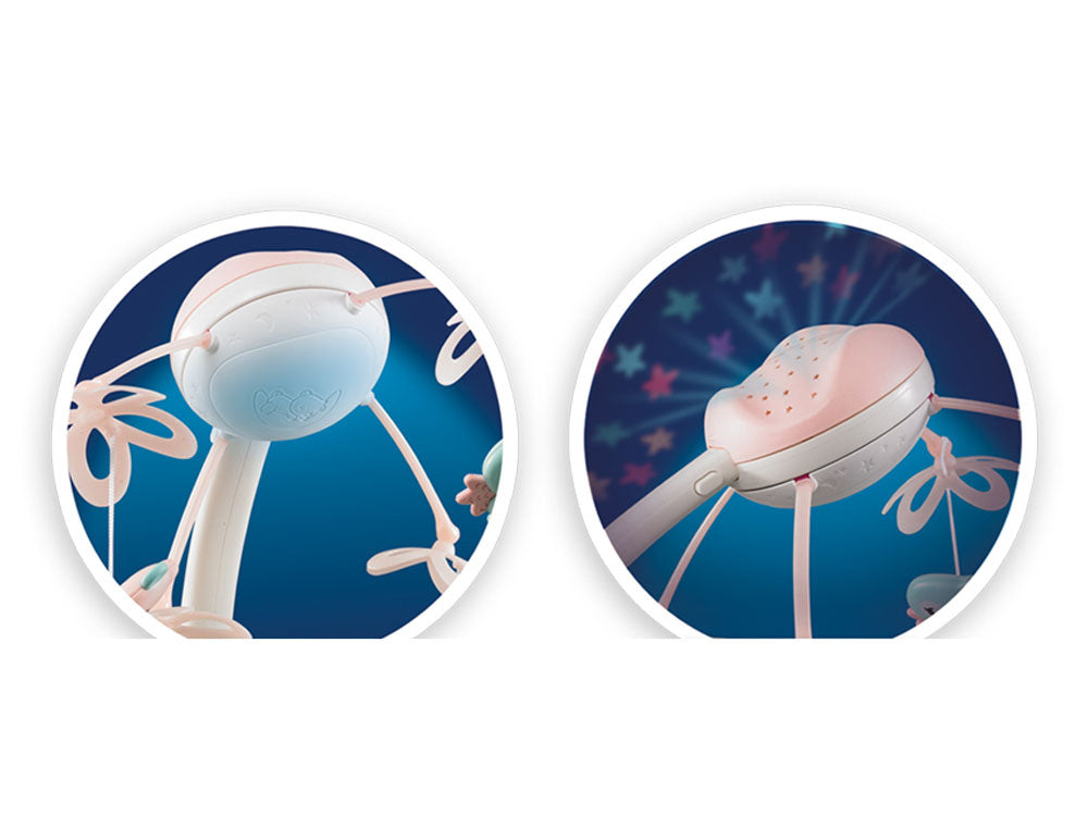 Nuotoliniu būdu valdoma vaikiškos lovytės karuselė su garso ir šviesos efektais, mėlyna