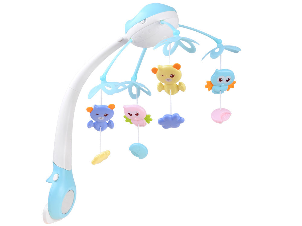 Nuotoliniu būdu valdoma vaikiškos lovytės karuselė su garso ir šviesos efektais, mėlyna