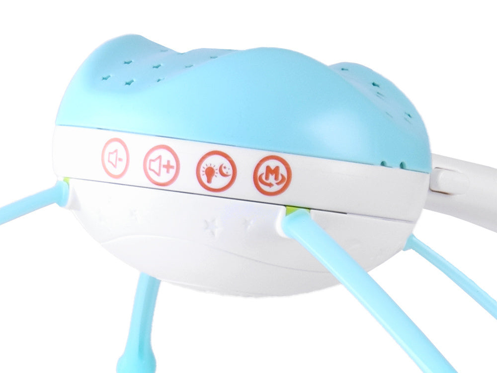 Nuotoliniu būdu valdoma vaikiškos lovytės karuselė su garso ir šviesos efektais, mėlyna