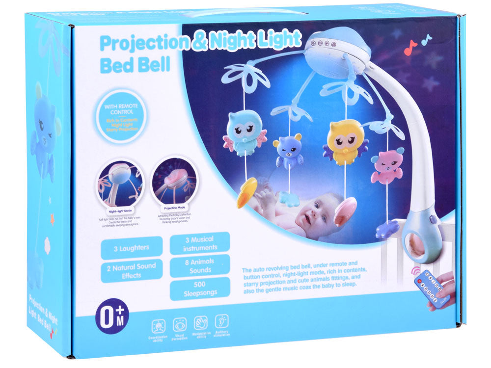 Nuotoliniu būdu valdoma vaikiškos lovytės karuselė su garso ir šviesos efektais, mėlyna