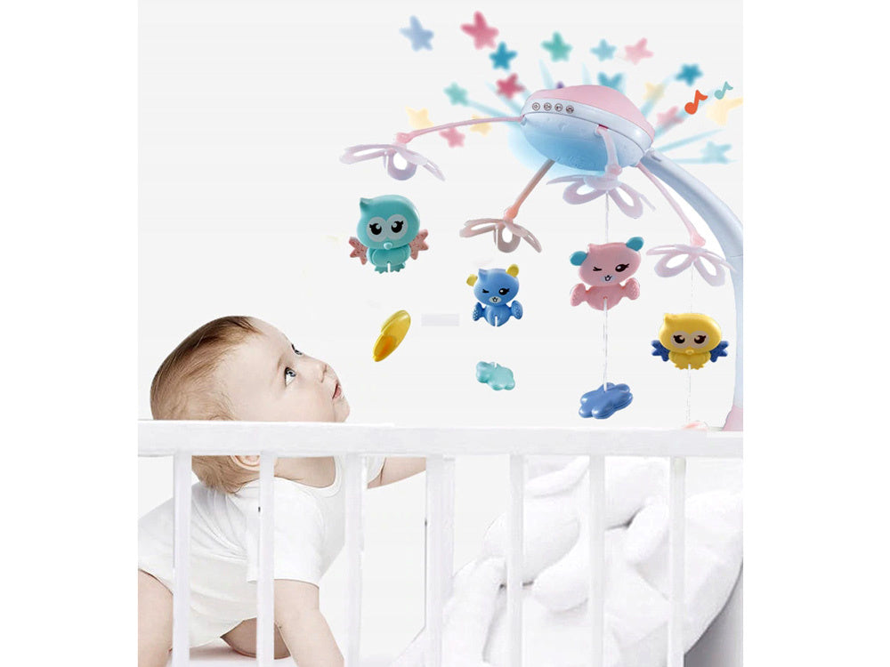 Nuotoliniu būdu valdoma vaikiškos lovytės karuselė su garso ir šviesos efektais, mėlyna