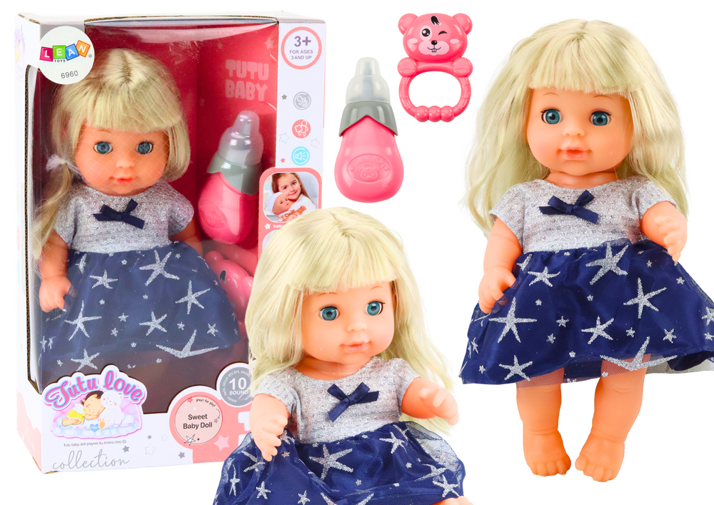 Lėlė kūdikis su mėlyna suknele, priedais ir skleidžia garsus