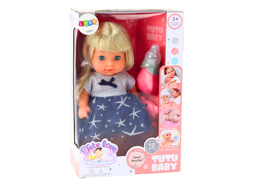 Lėlė kūdikis su mėlyna suknele, priedais ir skleidžia garsus
