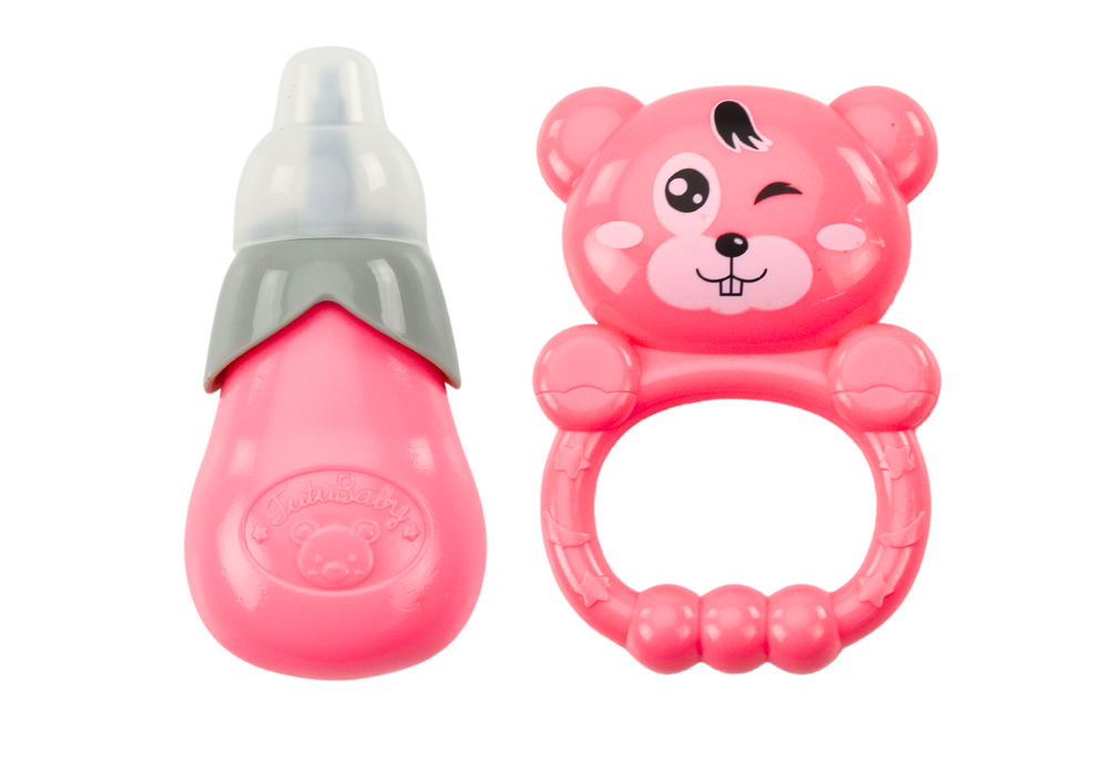 Lėlė kūdikis su  rožine suknele, priedais ir skleidžia garsus