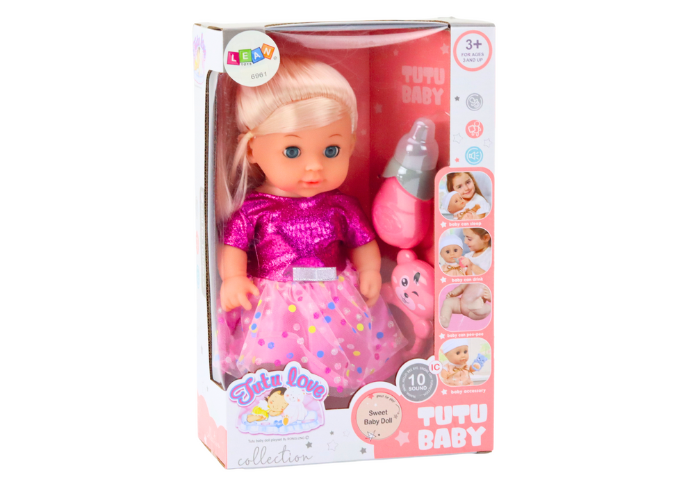 Lėlė kūdikis su  rožine suknele, priedais ir skleidžia garsus