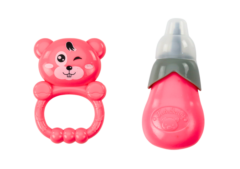 Lėlė kūdikis su ryškiai rožine suknele, priedais ir skleidžia garsus