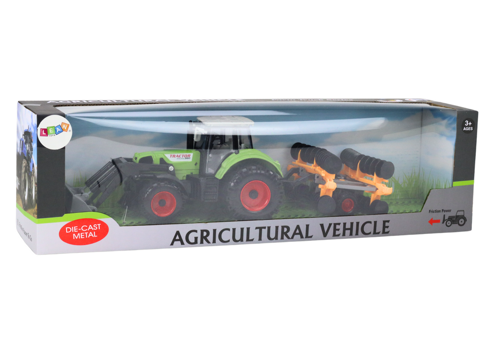 Žaislinis žemės ūkio traktorius ekskavatorius su diskinėmis akėčiomis, žalias