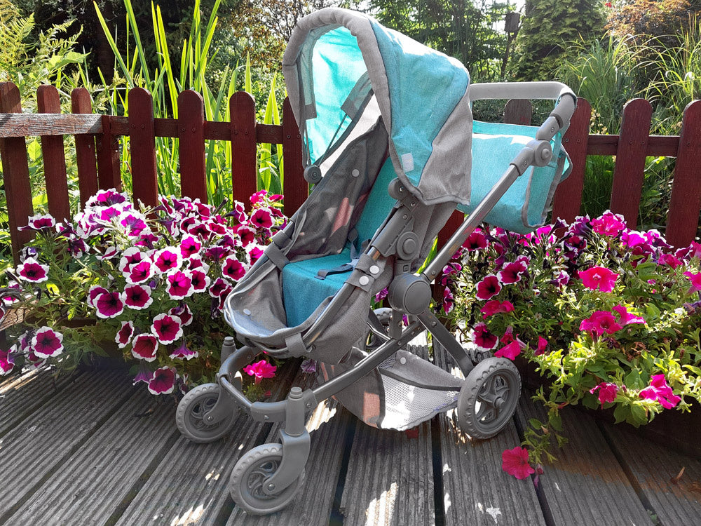 Daugiafunkcinis lėlių vežimėlis 4in1, pilkai mėlynas