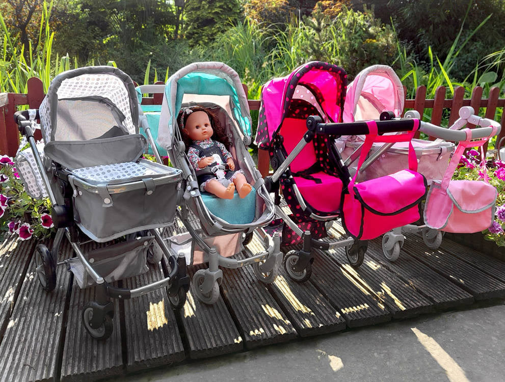 Daugiafunkcinis lėlių vežimėlis 4in1, pilkai rožinis