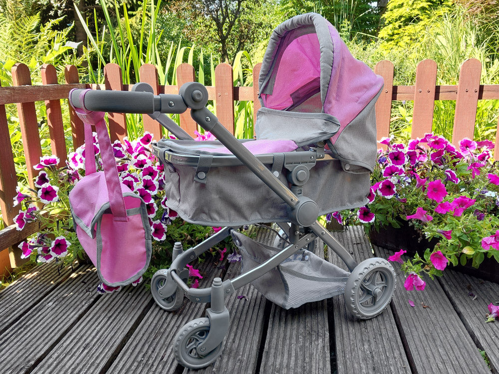 Daugiafunkcinis lėlių vežimėlis 4in1, pilkai rožinis