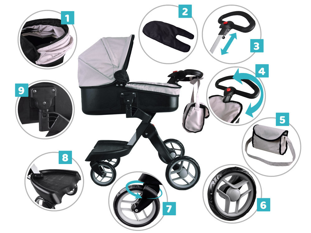 Didelis vežimėlis lėlėms, pilkas