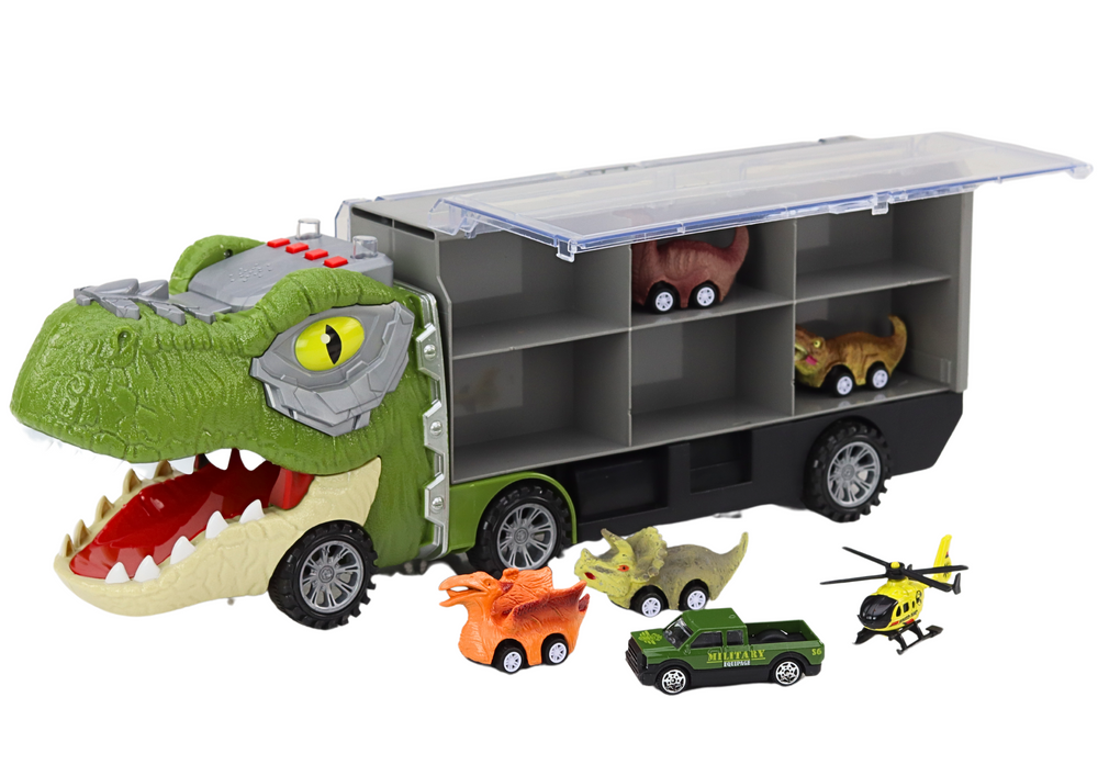 Sunkvežimis dinozauras Reshoot Truck su automobiliais 6vnt, žalias