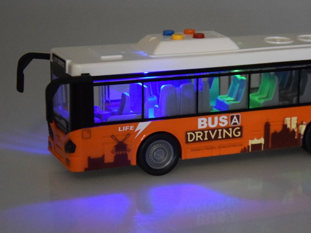Didelis autobusas su garso ir šviesos efektais, oranžinis