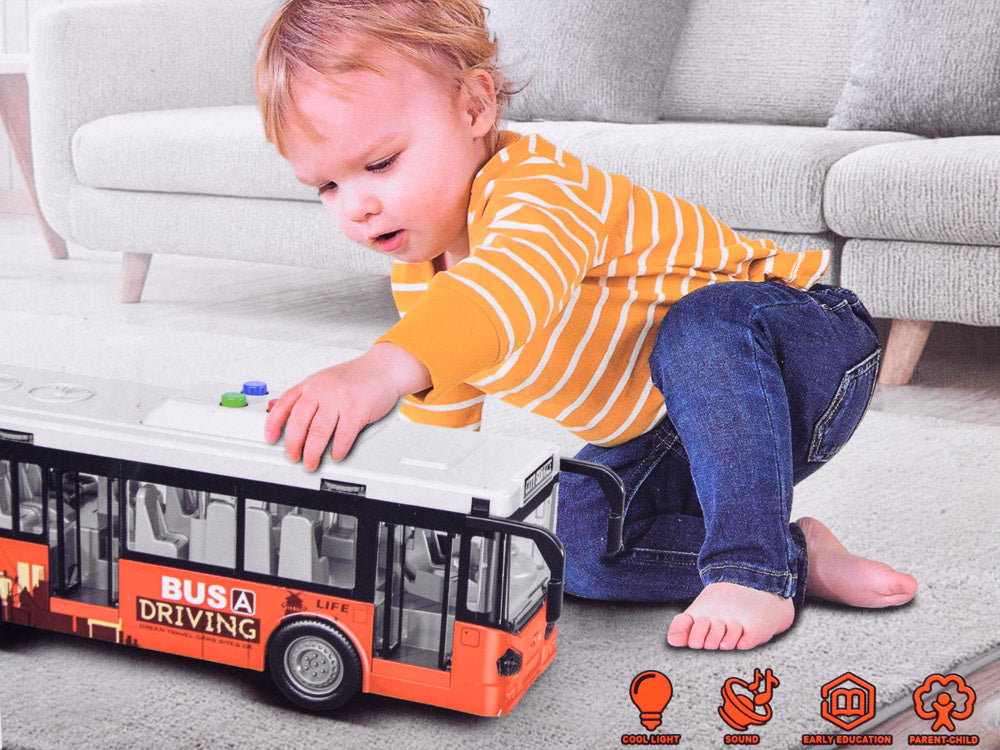 Didelis autobusas su garso ir šviesos efektais, oranžinis