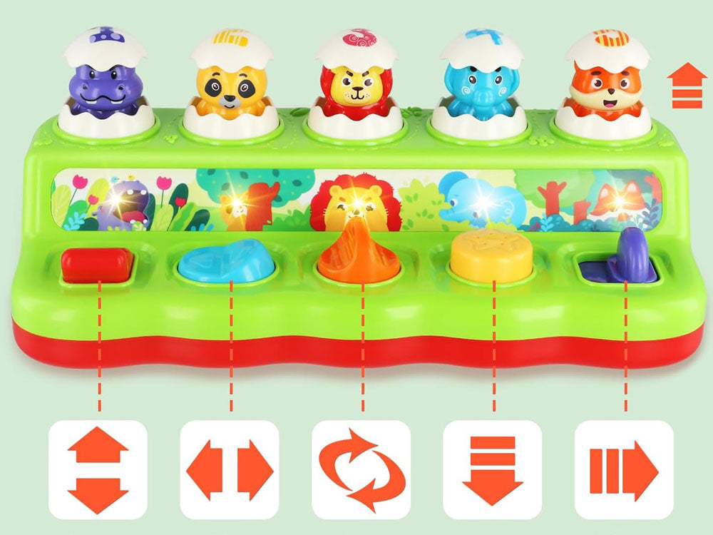 Interaktyvus žaislas "Pop-up" su šviesos ir garso efektais, gyvūnai