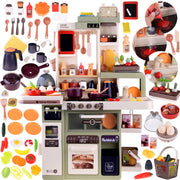 Vaikiška virtuvėlė su virtuvės indais ir maisto produktais