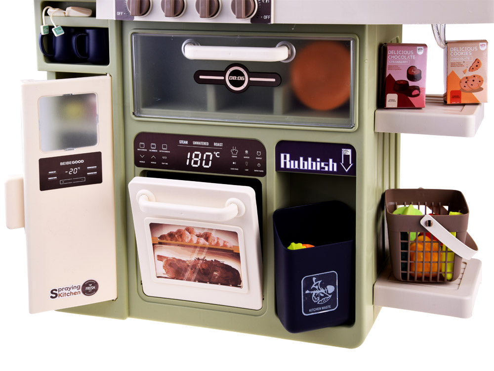 Vaikiška virtuvėlė su virtuvės indais ir maisto produktais