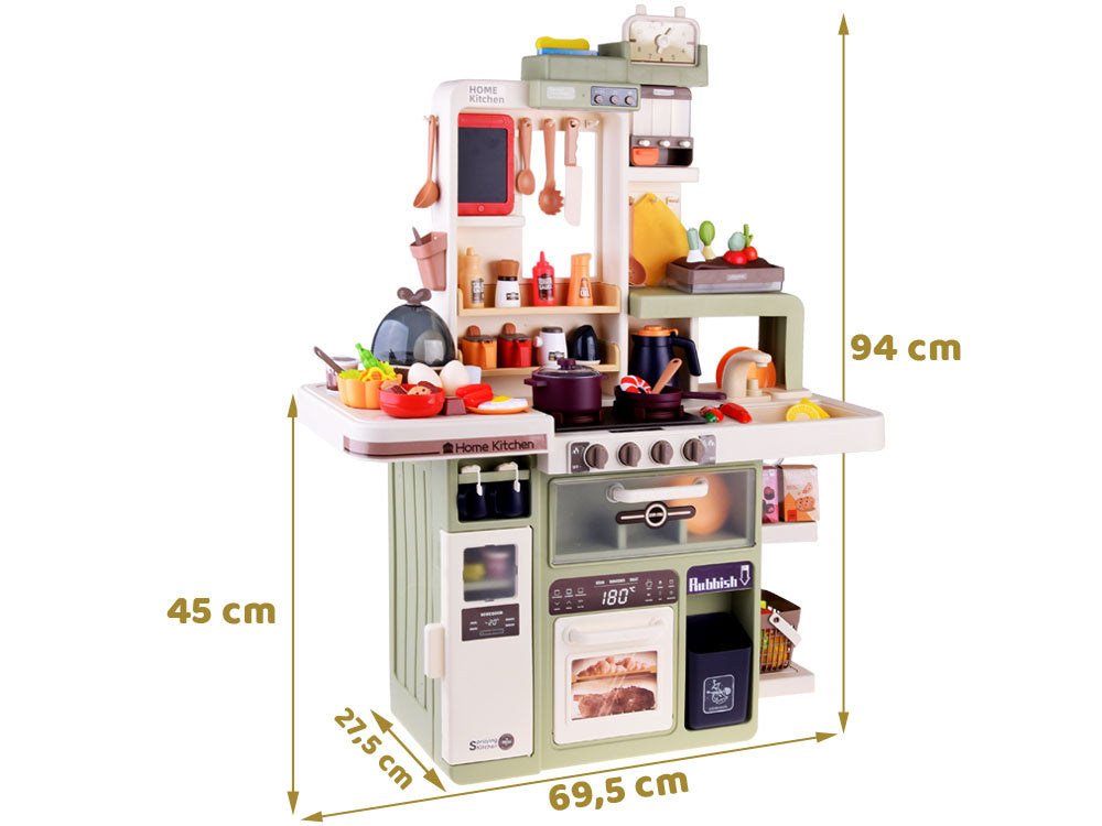 Vaikiška virtuvėlė su virtuvės indais ir maisto produktais