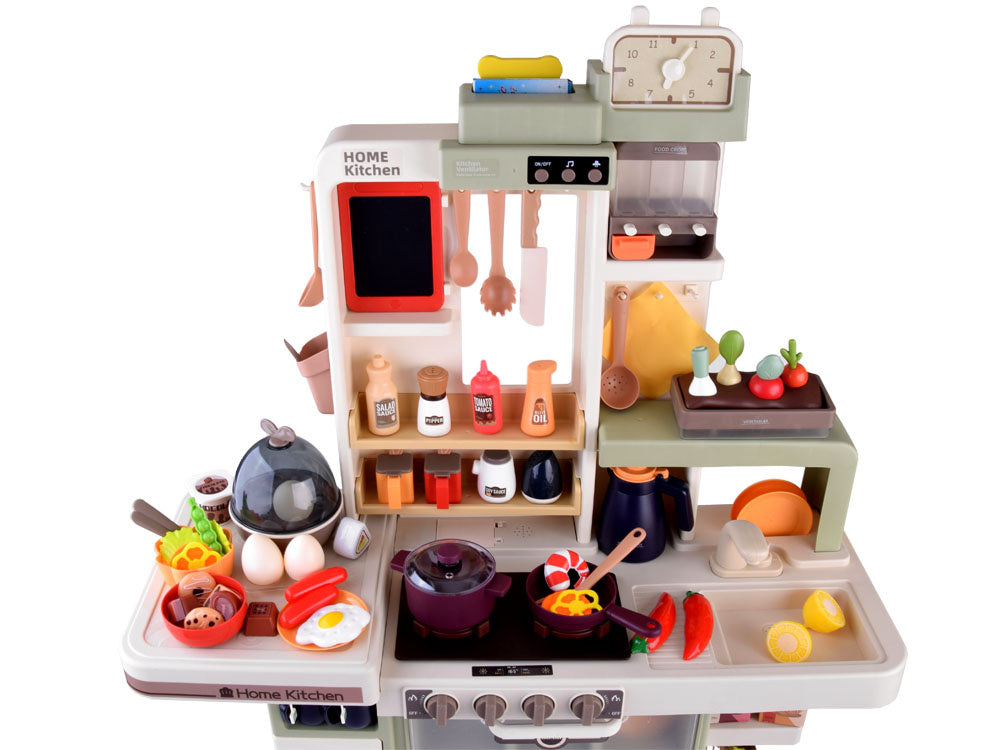 Vaikiška virtuvėlė su virtuvės indais ir maisto produktais