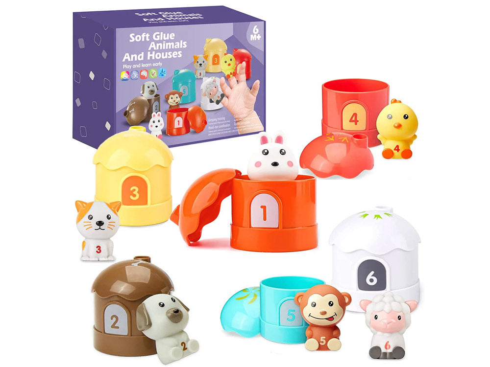 Guminių gyvūnų rinkinys nameliuose 6 vnt