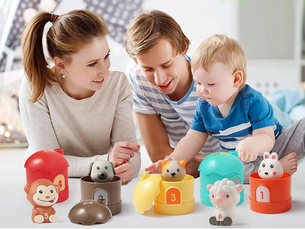 Guminių gyvūnų rinkinys nameliuose 6 vnt