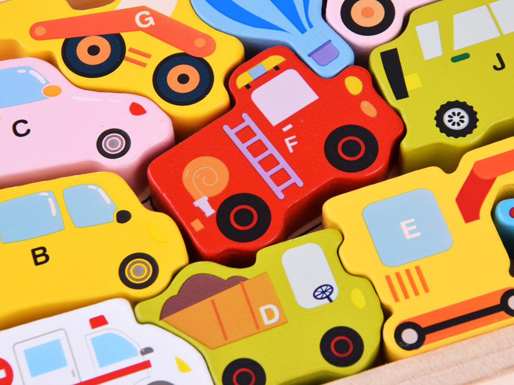 Medinės dėlionės rinkinys transporto priemonės 27 el.