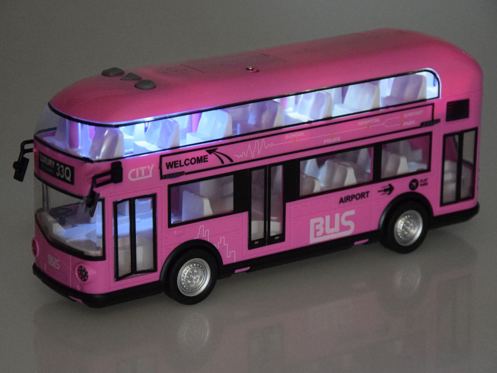 Dviaukštis autobusas su atidaromomis durimis ir garsu, rožinis