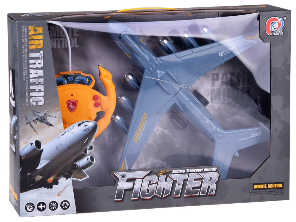 Nuotoliniu būdu valdomas lėktuvas su šviesos efektais, pilkas