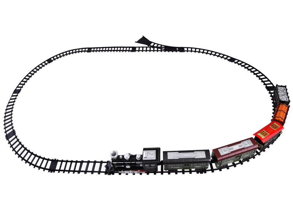 Elektrinis vaikiškas traukinys su geležinkelio bėgiais, garais ir šviesa