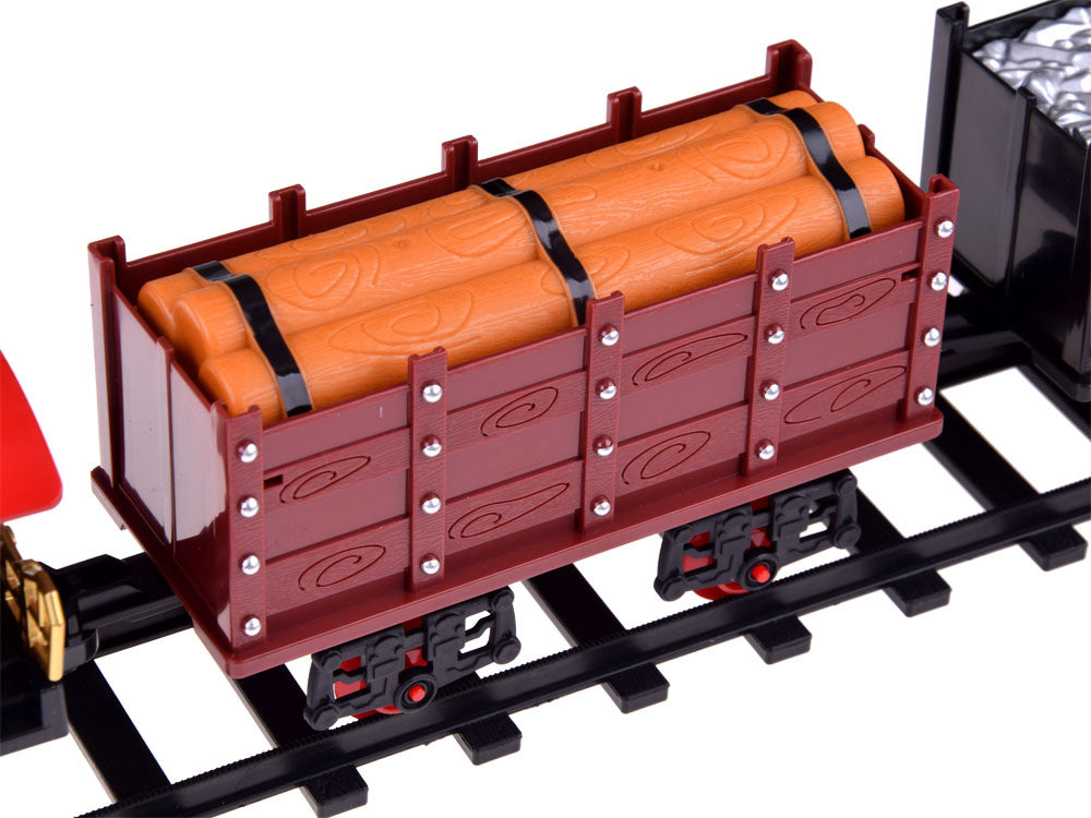 Elektrinis vaikiškas traukinys su geležinkelio bėgiais, garais ir šviesa