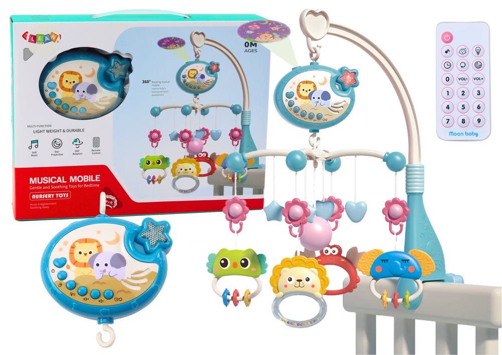 Karuselė vaikiškai lovytei su projektoriumi ir 400 lopšinių, mėlyna