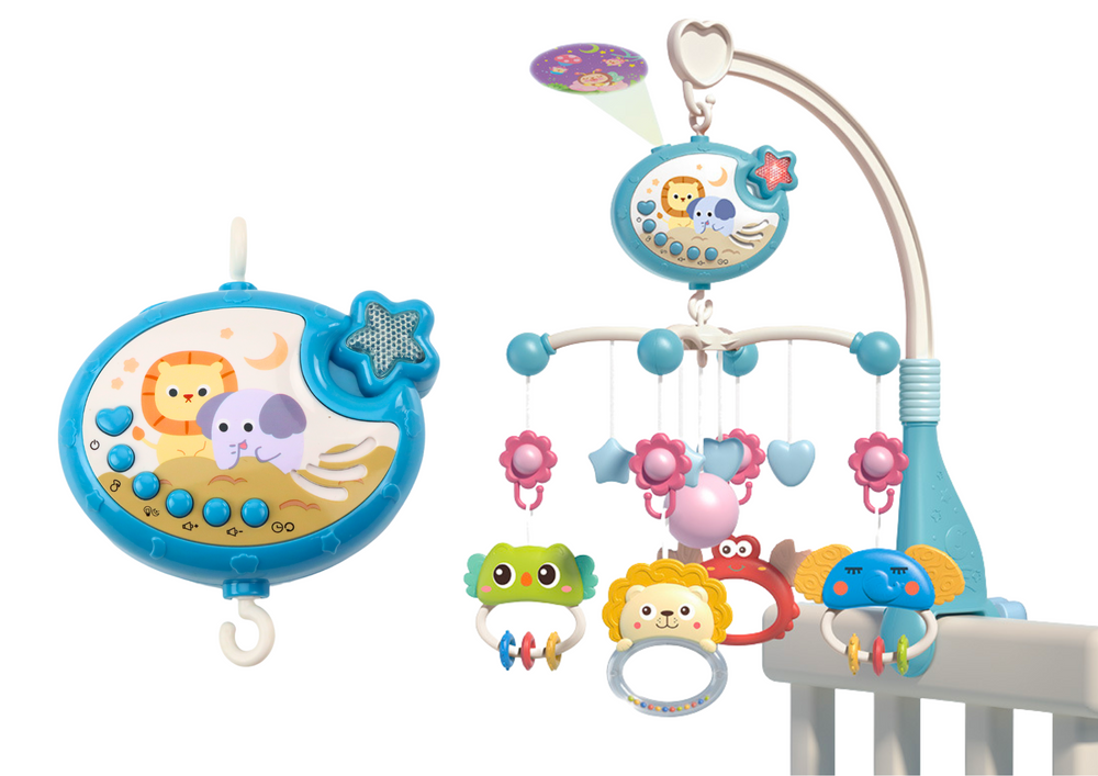 Karuselė vaikiškai lovytei su projektoriumi ir 400 lopšinių, mėlyna