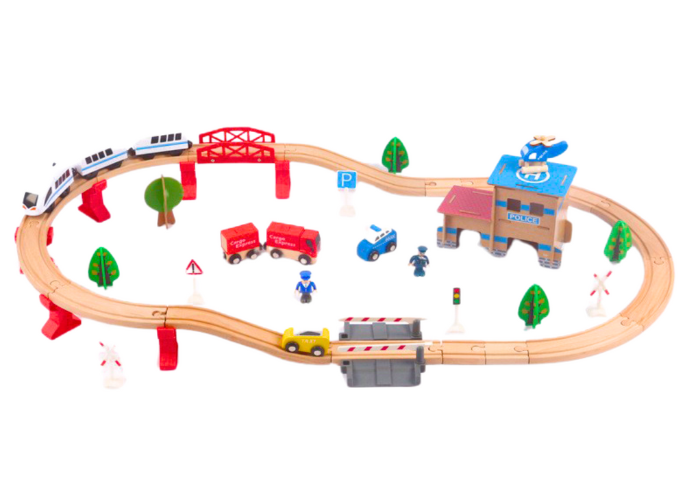 Medinis traukinio bėgių rinkinys su transporto priemonėmis 88 el.