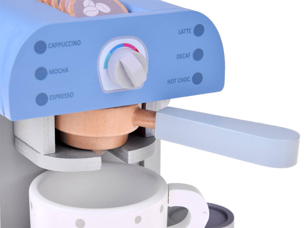 Medinis kavos aparatas su puodeliu, mėlynas