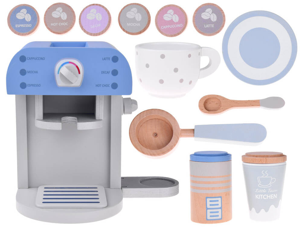 Medinis kavos aparatas su puodeliu, mėlynas