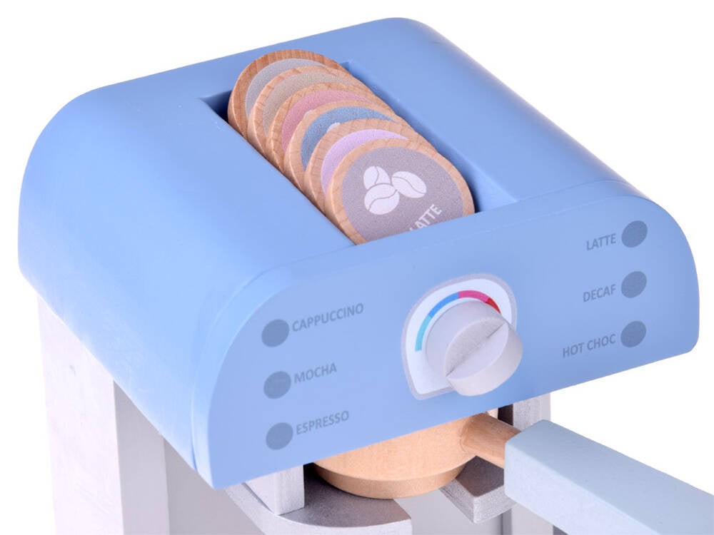 Medinis kavos aparatas su puodeliu, mėlynas