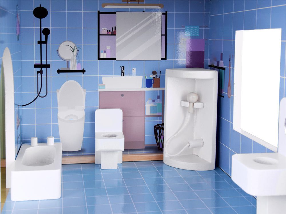 Medinis lėlių namelis su baseinu, liftu, baldais ir LED šviesa