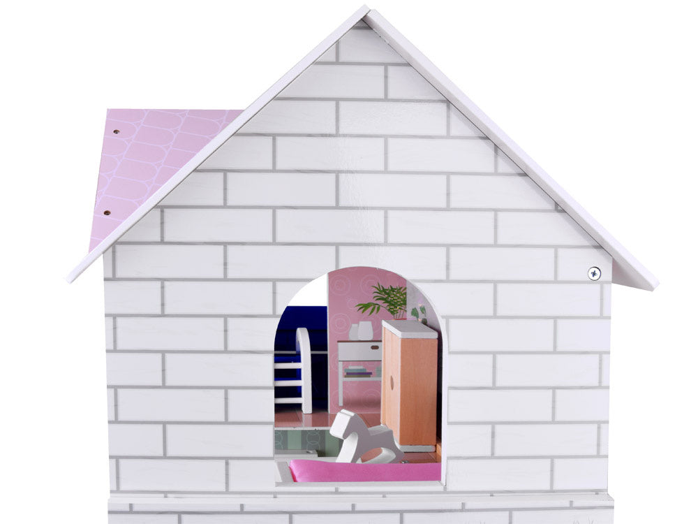 Medinis lėlių namelis su baseinu, liftu, baldais ir LED šviesa