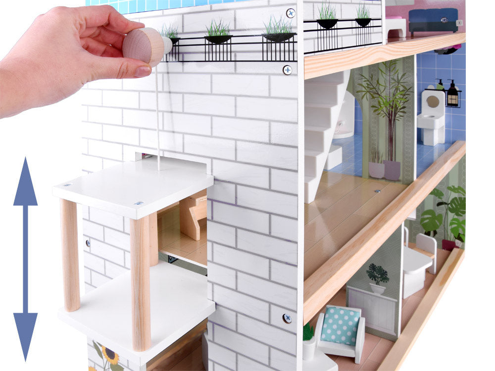 Medinis lėlių namelis su baseinu, liftu, baldais ir LED šviesa